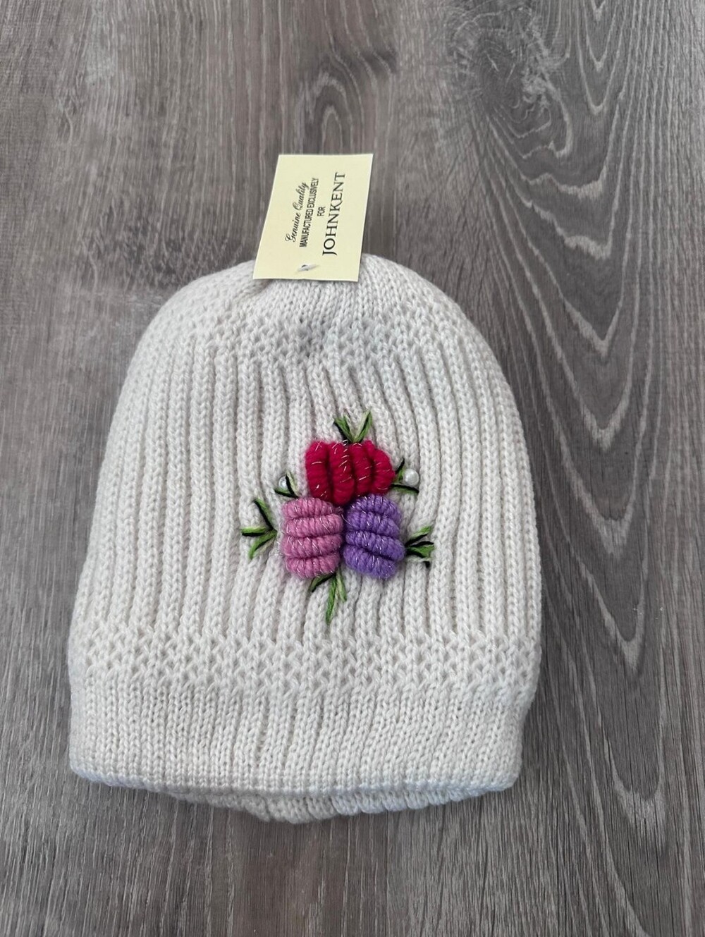 Kids Cream Knit Beanie with Pink & Purple Flower Embroidery